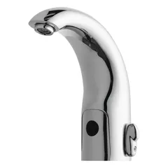 This single-post sensor bathroom faucet is constructed from cast brass with a polished chrome finish. It includes mounting hardware for installation. Suitable for commercial restrooms requiring touch-free operation.