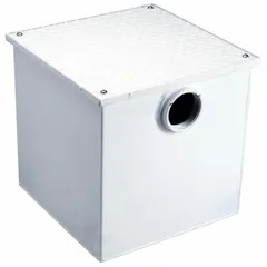 Steel lint interceptor with primary and secondary screens for capturing lint and debris from commercial laundry and industrial washing wastewater. Rated for 30 gpm flow. Overall dimensions: 17-1/4 in length, 17 in width.