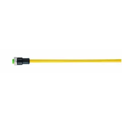 Single-ended cordset with a 7/8" female straight connector and bare wire termination. Features a yellow TPE jacket for resistance to moisture and abrasion. Rated IP68, with 4 pins, 16 AWG wire, 10 m cable length, and 9 A max current. Suitable for heavy-duty industrial environments requiring reliable power and signal transmission.