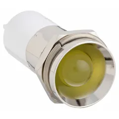 Yellow LED pilot light with protruding head for 16 mm panel mounting hole. Features 0.11 Male Quick Disconnect electrical connection. Used as a status indicator on industrial control panels, machinery, and automation systems.