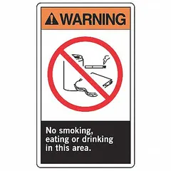 Vinyl adhesive sign measuring 5 in x 3 1/2 in with 0.02 in thickness. Not retroreflective, not glow-in-the-dark, no anti-slip surface. Supplied in a 5-pack. Used to post warnings in areas where contamination or fire risk exists, such as laboratories, cleanrooms, or chemical storage zones.