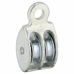 This double pulley block features a fixed-eye attachment for secure mounting. It is designed for lifting and pulling operations with 3/8 inch fibrous rope. The galvanized steel sheave and housing provide corrosion resistance, while the sleeve bearing ensures smooth operation.