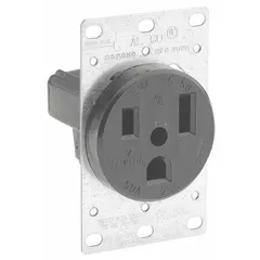 Single general purpose receptacle with 6-50 configuration, 2 pole / 3 wire, rated 250V AC and 50 A. Black finish. Suitable for high-power equipment connections in industrial settings.