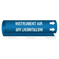 Blue wrap-around pipe marker with white legend reading "Instrument Air" and directional arrows. Fits pipe outer diameters from 2-1/2 to 7-7/8 inches. Used to identify piping systems carrying instrument air in industrial facilities.
