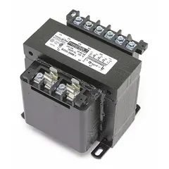 Multi-tap primary transformer with 208V, 230V, and 460V inputs and 24V secondary output at 200VA. Used to step down line voltage for low-voltage controls, thermostats, and relays in HVACR equipment.