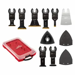 This set includes 8 straight blades with a universal open-back OIS connection, featuring one 1-3/4" Titanium Charged Bi-Metal Multi-Material Blade. Suitable for cutting, sanding, and scraping in confined spaces on wood, metal, drywall, and plastic. Compatible with most oscillating multi-tools for renovation, plumbing, electrical, and general construction tasks.