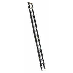 Two-section fiberglass extension ladder with fixed fly, rated for 300 lb load capacity. Non-conductive material suitable for electrical environments. Black finish, 79 lb weight.