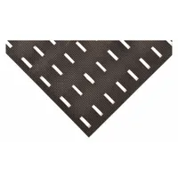 This drainage mat features a 7/16 in thick black PVC surface with a pyramid pattern and straight edges. It is non-reversible and designed for use in areas requiring drainage and slip resistance, such as industrial workstations and wet environments