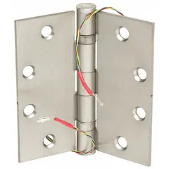 This electrified butt hinge is constructed from steel with a leaf height of 4-1/2 inches and leaf width of 4-1/2 inches. It is designed to transfer electrical current across the hinge pivot for powering door hardware such as electric strikes or magnetic locks. Typical applications include commercial and industrial door installations where concealed wiring is required.