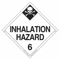 Vinyl placard measuring 10 3/4 in x 10 3/4 in, displaying 'Inhalation Hazard 6' for Class 6 toxic, poison inhalation, and infectious substances. Sold in a 25-pack. Used for marking vehicles, containers, or storage areas during hazardous material transport and storage