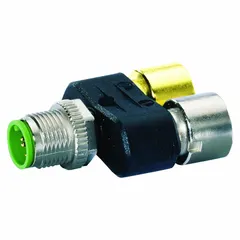 This T-coupler splits one M12 male straight 5-pole connection into two M12 female straight 5-pole connections. The T-style design is used for distributing signals or power in sensor and actuator networks. Rated IP67 for protection against dust and water ingress.