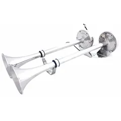 Full tone air-powered horn with silver unfinished finish. Includes projector supports. Designed for off-road vehicles requiring a loud warning signal.