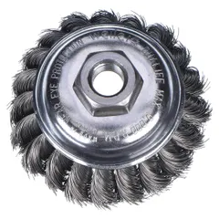 This cup brush from WEILER is designed for heavy cleaning of contoured carbon steel surfaces. It features standard twist knot wire bristles with a 0.014 in fill diameter and a 3 1/2 in diameter. The 5/8"-11 arbor hole allows secure mounting on compatible tools for industrial surface preparation, weld cleaning, and rust removal.