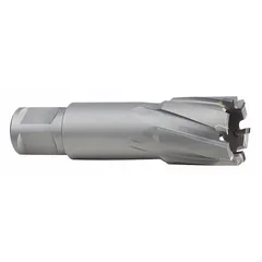 Carbide-tipped annular cutter with 11/16 in diameter and 2 in maximum cutting depth. Features a bright finish and Weldon Flat shank for secure tool holding. Designed for cutting clean holes in tough materials such as stainless steel and structural steel in metal fabrication and construction applications.