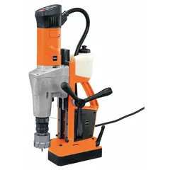 Standard magnetic drill press with electric magnet for ferrous materials. Operates on 120V AC, offers 12 3/8 in drill travel, and features a Weldon spindle connection. Suitable for industrial drilling applications requiring magnetic anchoring.