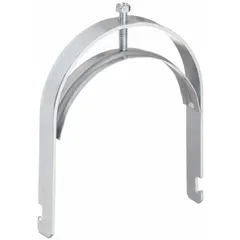 Steel conduit clamp with saddle, electroplated silver finish. For 4 in trade size conduit, accommodates cable range 3.850 in to 4.500 in. Thread size 4 in, designed for use with 1-5/8 in strut channels. Used to secure conduit in electrical installations.
