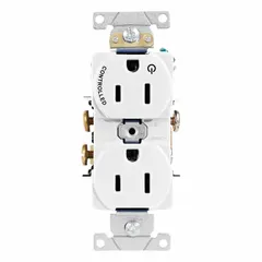 General-purpose duplex receptacle rated 125V AC, 15A with NEMA 5-15 configuration (2 pole, 3 wire). White finish. Suitable for standard grounding outlets in residential, commercial, and industrial applications for powering lighting, appliances, and equipment.