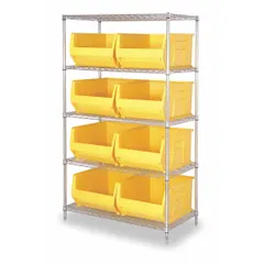 Wire stationary bin shelving unit with a silver steel frame and eight yellow polypropylene open-front bins. Each bin measures 12 in x 18-1/4 in x 29-7/8 in and features a hang-and-stack style. Suitable for organizing small to medium parts in industrial storage areas.