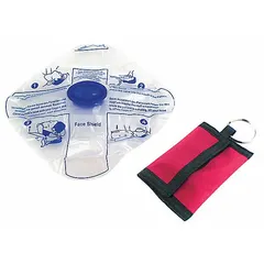 Disposable CPR face shield in a vinyl mesh case, suitable for adult, child, and infant patients. Includes a pair of gloves. Compact keychain design for portable emergency preparedness.