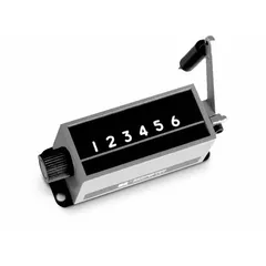 Base-mounted mechanical counter with analog display, white housing, and black digits. Maximum counting speed of 16 counts per second. Suitable for counting events or cycles in industrial machinery, production lines, and process control systems.