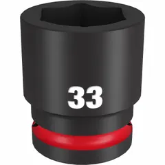This 3/4" drive impact socket is designed for use with impact wrenches on 33 mm metric fasteners. The 6-point configuration provides a secure grip on hex fasteners. Suitable for heavy-duty fastening and loosening tasks in automotive, industrial, and equipment maintenance applications.