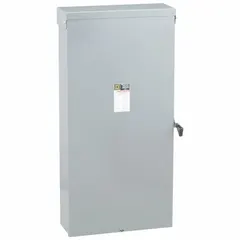 This fusible safety switch is rated for 600 A, three-phase, 240V AC. The galvanized steel enclosure allows indoor or outdoor installation. It is used for disconnecting and protecting electrical circuits in industrial power distribution systems.