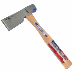 This hammer hatchet features a 14 oz steel head with a 2 1/4 in cutting edge and a wood handle. The blade has a powder-coated finish. It meets ASME standards. Typical applications include roofing and siding work, where it serves as a combination tool for cutting and nailing shingles.
