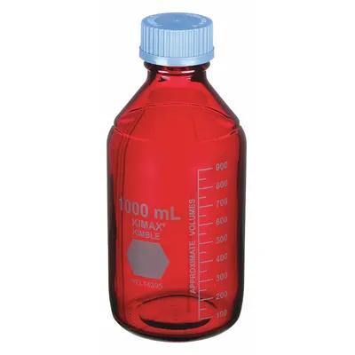 KIMBLE Media Bottle: 1 L, Screw-On, GL 45, 225 mm, Amber, Closure Included - Glass Lab Media Bottles