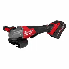 This cordless angle grinder operates on an 18V DC brushless motor and includes two 8.0 Ah batteries. It accepts 4-1/2 in and 6 in wheels, suitable for cutting, grinding, and surface preparation tasks. Features a lock-off switch and standard head design.