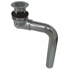 This ZURN sink drain is made of brass with a chrome finish. It has a 1-1/4 in overall diameter and connects via a slip joint to 1-1/4 in pipe. The drain includes a brass elbow and an overflow. It is used for draining wastewater from bathroom or kitchen sinks.