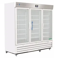 This upright lab refrigerator provides 72 cu ft of storage with a temperature range of 2°C to 7°C, suitable for pharmacy and vaccine storage. It features three sliding glass doors, a white finish, and a temperature alarm. The unit uses R-290 refrigerant and has an overall depth of 34 inches.