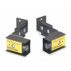 Indoor, surface-mount optical sensor for door operators. Includes mounting brackets. Used to detect obstructions in the path of a closing door, enhancing safety in commercial and industrial door applications.