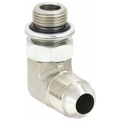 This steel hydraulic hose adapter features a 90° rigid elbow design with male NPTF threads on both ends. It is used to connect hydraulic hoses or components in fluid power systems, providing a leak-resistant joint in confined spaces where a straight connection is not feasible.