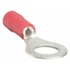 Red vinyl insulated ring terminal for #4 stud size, accepting 22 AWG to 16 AWG wire. Rated 600 V. Used for secure crimp connections in electrical wiring applications such as control panels and power distribution.
