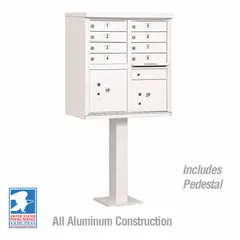 This horizontal multi-unit mailbox features 10 front-access doors and is designed for pedestal mounting. It measures 62 inches in height, 30 1/2 inches in width, and 18 inches in depth. Suitable for centralized mail delivery in multi-tenant residential or commercial settings.