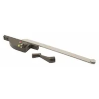 This left-hand crank window operator is designed for casement windows, mounting to the window frame. It features a bronze painted finish and includes a crank handle. The base length is 4-3/4 inches. Suitable for replacement or new installation on compatible casement windows