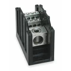 Open block with lugs for power distribution. Aluminum construction, surface-mount design. Accepts line side wire sizes from 6 AWG to 350 kcmil. Used in industrial control panels and electrical distribution systems to split a single high-current source into multiple branch circuits.