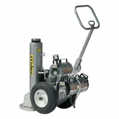 This air-operated wheeled jack has a 200-ton load capacity and a steel body. It provides a minimum lift of 1 inch and a maximum lift of 37 inches, with a minimum height of 37 inches. Suitable for heavy lifting tasks in industrial maintenance and equipment servicing.