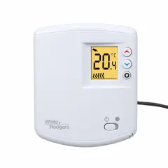 Line voltage thermostat for heat-only applications. Single-pole single-throw switch opens on temperature rise. Slide switch selects Heat or Off. Temperature range 45° to 90°F. Soundproofed for quiet operation. 120V AC, 1 heating stage.