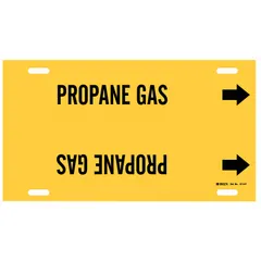 Strap-on pipe marker for identifying propane gas lines. Yellow background with black legend and directional arrows. Fits pipe outer diameters from 6 to 7-7/8 inches. Suitable for industrial piping systems where clear content and flow direction identification is required.
