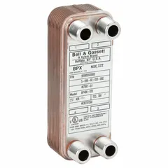 Brazed plate heat exchanger with copper braze construction, rated for 150,000 BtuH water duty and 21,000 BtuH oil duty. Flow capacity of 25 gpm with 2.27 sq ft heat transfer surface area. Used for heat transfer between water and oil in hydronic and process systems.