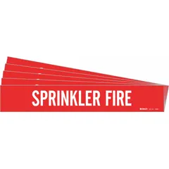 Red adhesive pipe marker with white legend reading 'Sprinkler Fire'. Fits pipe outer diameters from 2-1/2 to 7-7/8 inches. Pack of 5 markers without arrows. Used to identify sprinkler fire piping systems in commercial and industrial facilities.