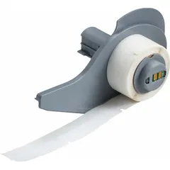 Precut label roll measuring 2 inches by 1/4 inch, made of white gloss polyester. Rated for continuous use from -94°F to 230°F. Compatible with the BMP71 printer series. Used for industrial identification and asset tracking applications.