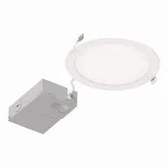 This 6-inch diameter low-profile canless downlight delivers 1200 lumens at 2700K color temperature, consuming 14W and replacing a 23W CFL. It operates on 120V AC, is dimmable, and has a white trim with an overall height of 7/8 inch. Suitable for retrofit applications in residential and commercial recessed lighting where space is limited.