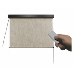 Motorized exterior shade with remote control, right-side operation. 72 in valence width, Caribbean fabric, Oil Rubbed Bronze valance. Cable tie-down system for secure installation. Suitable for patios, decks, and windows to block solar heat and UV rays.