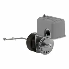 Side-mounted float switch with a 90° float rod angle and screw clamp electrical connections. Requires a minimum media specific gravity of 0.85 for operation. Used for liquid level detection in tanks or vessels.