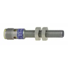 This shielded inductive cylindrical proximity sensor features a built-in connector and 3-wire configuration. It operates on a 12-24V DC supply voltage and is not rated for AC. Typical applications include non-contact detection of metallic objects for position sensing, part detection, and machine control in industrial automation.