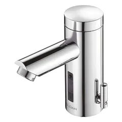 This SLOAN Optima single-post sensor faucet is constructed of brass with a chrome finish. It operates on battery power and includes an integral spout temperature mixer. The faucet has a flow rate of 0.5 gpm. Suitable for commercial restroom applications where touch-free operation is desired.