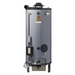 General purpose commercial gas water heater with a nominal 70-gallon tank capacity and 250,000 BTU input. Operates on natural gas with direct spark to pilot ignition, standard 6-inch vent connection, and 120V AC. Includes T&P relief valve and drain valve. Low NOx compliant with California Low NOx Compliant Burner. Suitable for high-demand hot water applications in commercial settings.