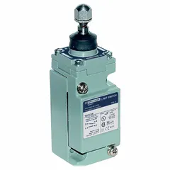 Metallic-bodied limit switch with plunger actuator and screw clamp terminals. Features two mounting holes for secure installation. Used in industrial automation to detect position or presence of moving parts in machinery such as conveyors and packaging equipment.